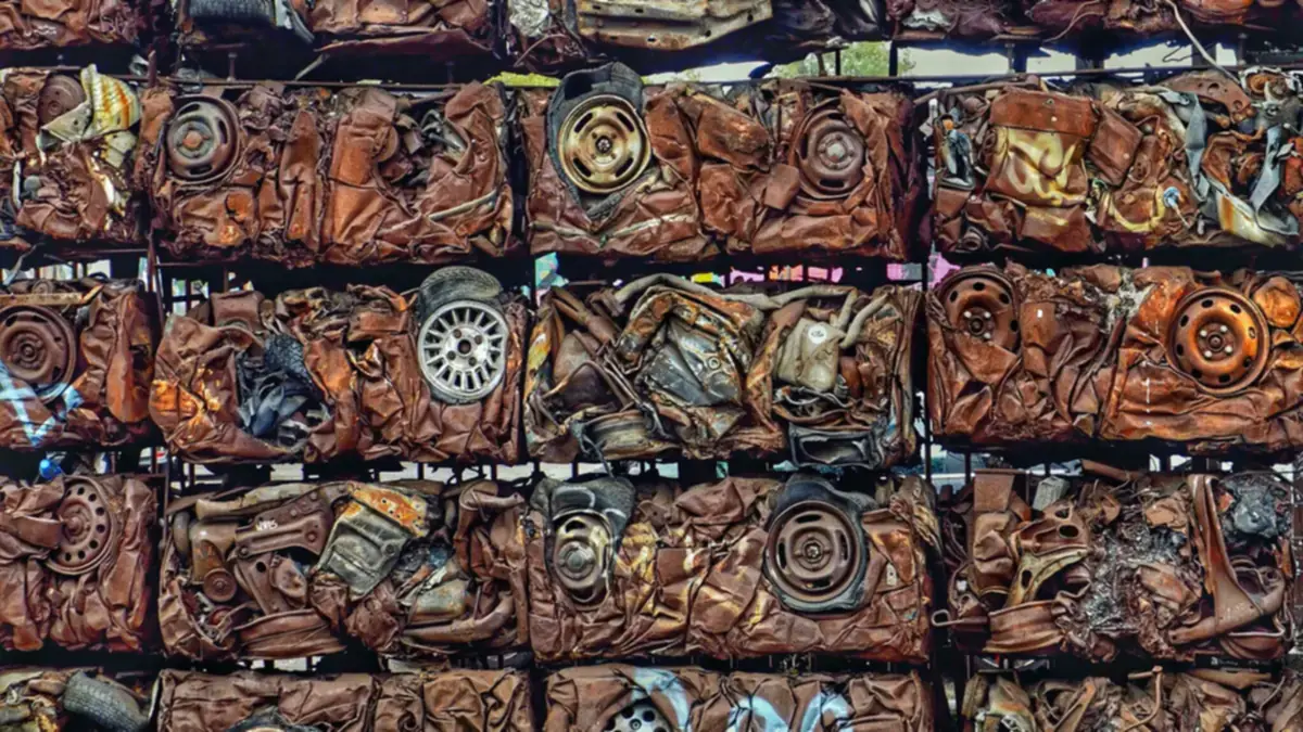 Used lead-acid car batteries stacked for recycling